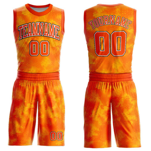 BSuit0086 Custom Gold Orange Black-White Round Neck Sublimation Basketball Suit Jersey