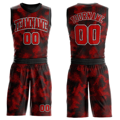BSuit0087 Custom Black Red-White Round Neck Sublimation Basketball Suit Jersey