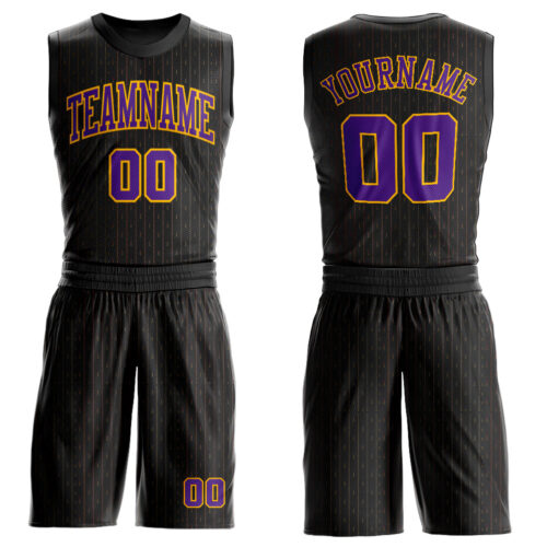 BSuit0092 Custom Black Purple-Gold Round Neck Sublimation Basketball Suit Jersey