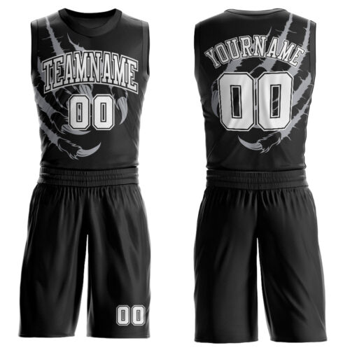 BSuit0103 Custom Black White Animals Claws Round Neck Sublimation Basketball Suit Jersey