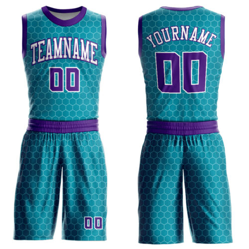 BSuit0105 Custom Teal Purple-White Round Neck Sublimation Basketball Suit Jersey