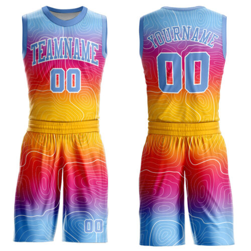 BSuit0118 Custom Gold Light Blue-White Round Neck Sublimation Basketball Suit Jersey
