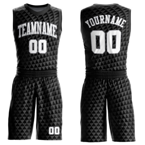 BSuit0122 Custom Black White-Gray Triangle Shapes Round Neck Sublimation Basketball Suit Jersey