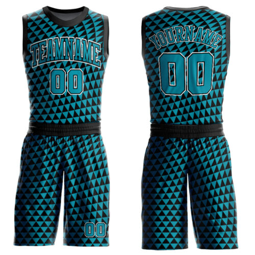 BSuit0130 Custom Teal Black-White Triangle Shapes Round Neck Sublimation Basketball Suit Jersey