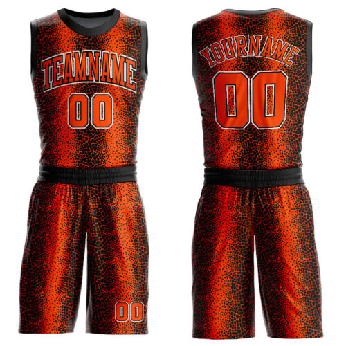 BSuit0135 Custom Black Orange-White Animal Fur Print Round Neck Sublimation Basketball Suit Jersey