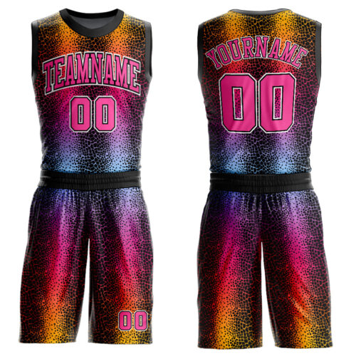 BSuit0139 Custom Black Pink-Gold Animal Fur Print Round Neck Sublimation Basketball Suit Jersey