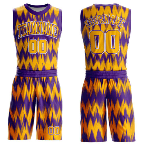BSuit0147 Custom Purple Gold-White Round Neck Sublimation Basketball Suit Jersey