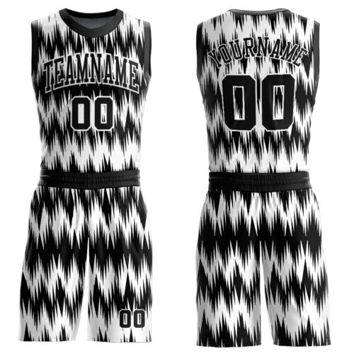 BSuit0149 Custom Black White Round Neck Sublimation Basketball Suit Jersey