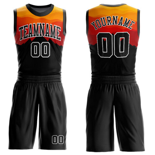 BSuit0150 Custom Black Gold-Red Round Neck Sublimation Basketball Suit Jersey