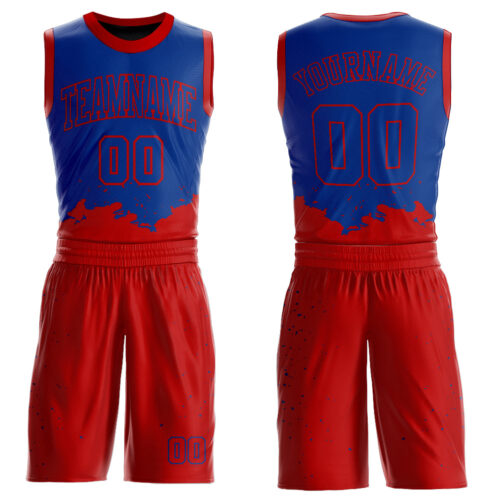 BSuit0152 Custom Royal Red Color Splash Round Neck Sublimation Basketball Suit Jersey