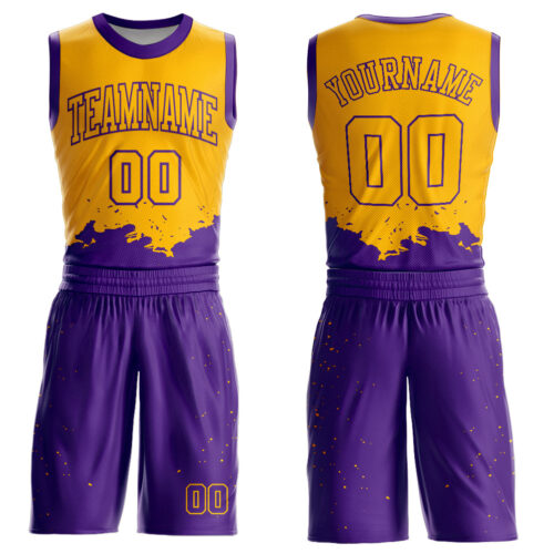 BSuit0154 Custom Gold Purple Color Splash Round Neck Sublimation Basketball Suit Jersey