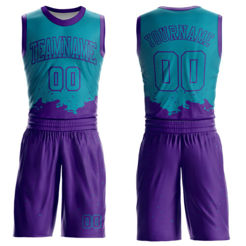 BSuit0156 Custom Teal Purple Color Splash Round Neck Sublimation Basketball Suit Jersey