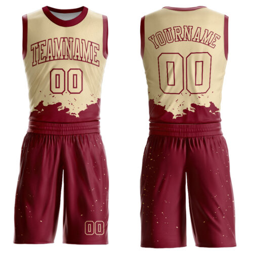 BSuit0159 Custom Cream Maroon Color Splash Round Neck Sublimation Basketball Suit Jersey