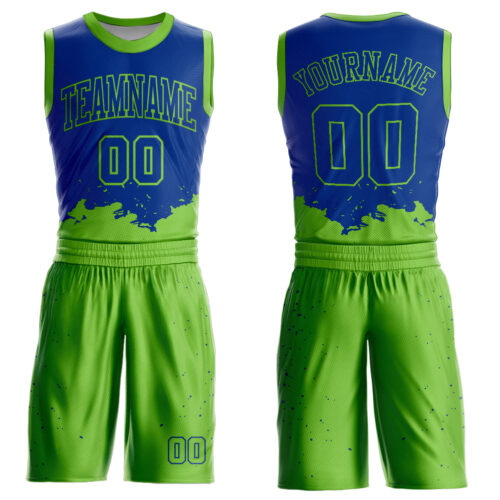 BSuit0164 Custom Royal Neon Green Color Splash Round Neck Sublimation Basketball Suit Jersey