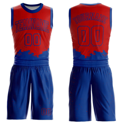 BSuit0167 Custom Red Royal Color Splash Round Neck Sublimation Basketball Suit Jersey