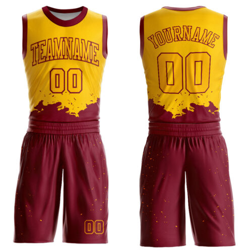 BSuit0168 Custom Yellow Maroon Color Splash Round Neck Sublimation Basketball Suit Jersey