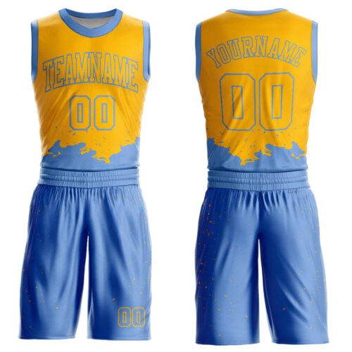 BSuit0169 Custom Yellow Light Blue Color Splash Round Neck Sublimation Basketball Suit Jersey