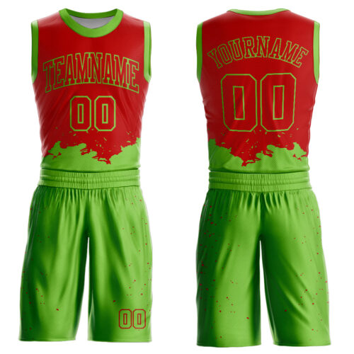 BSuit0172 Custom Red Neon Green Color Splash Round Neck Sublimation Basketball Suit Jersey
