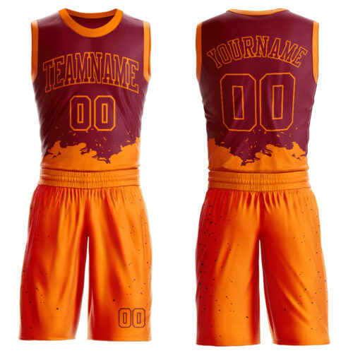 BSuit0173 Custom Maroon Bay Orange Color Splash Round Neck Sublimation Basketball Suit Jersey