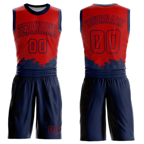 BSuit0179 Custom Red Navy Color Splash Round Neck Sublimation Basketball Suit Jersey