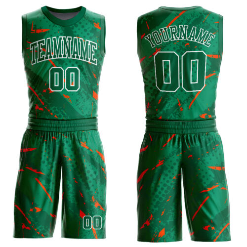 BSuit0185 Custom Green Orange-White Bright Lines Round Neck Sublimation Basketball Suit Jersey