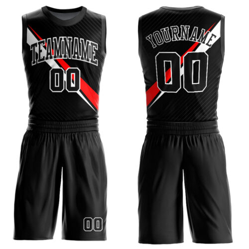 BSuit0187 Custom Black White-Red Diagonal Lines Round Neck Sublimation Basketball Suit Jersey