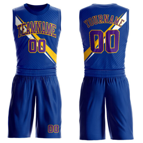 BSuit0191 Custom Royal Purple-Yellow Diagonal Lines Round Neck Sublimation Basketball Suit Jersey