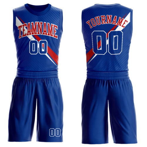 BSuit0192 Custom Royal White-Red Diagonal Lines Round Neck Sublimation Basketball Suit Jersey