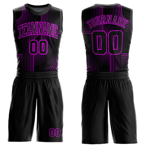 BSuit0197 Custom Black Deep Pink Tracks Round Neck Sublimation Basketball Suit Jersey