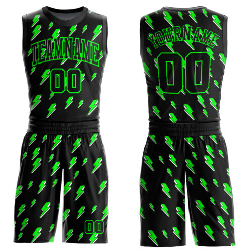 BSuit0201 Custom Black Neon Green Lightning Shapes Round Neck Sublimation Basketball Suit Jersey
