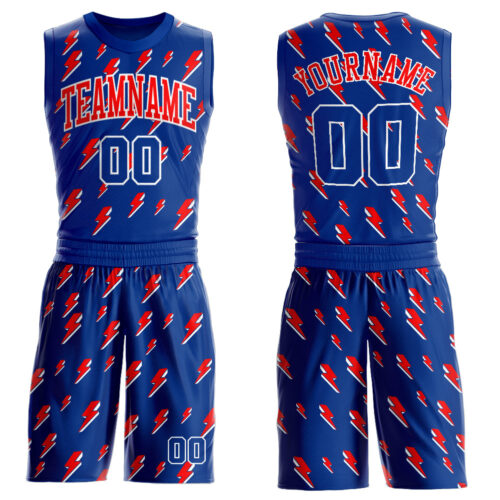 BSuit0202 Custom Royal Red-White Lightning Shapes Round Neck Sublimation Basketball Suit Jersey
