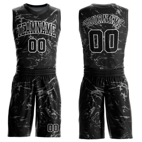 BSuit0203 Custom Black White-Gray Abstract Grunge Art Round Neck Sublimation Basketball Suit Jersey