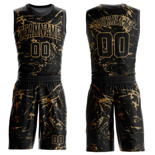 BSuit0205 Custom Black Old Gold Abstract Grunge Art Round Neck Sublimation Basketball Suit Jersey