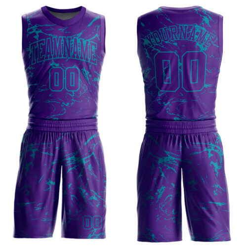 BSuit0207 Custom Purple Teal Abstract Grunge Art Round Neck Sublimation Basketball Suit Jersey