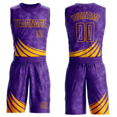 BSuit0221 Custom Purple Gold Wind Shapes Round Neck Sublimation Basketball Suit Jersey