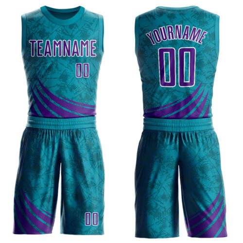 BSuit0224 Custom Teal Purple-White Wind Shapes Round Neck Sublimation Basketball Suit Jersey