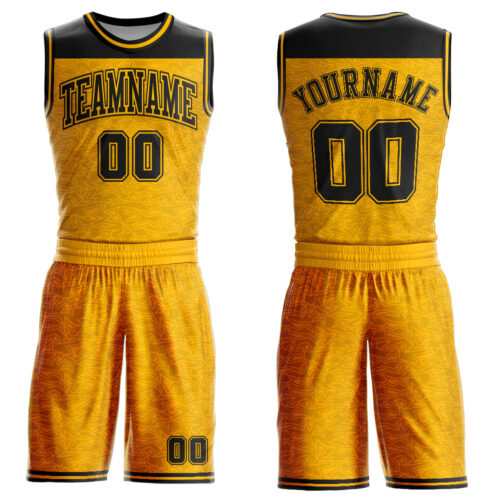 BSuit0234 Custom Gold Black Color Block Round Neck Sublimation Basketball Suit Jersey