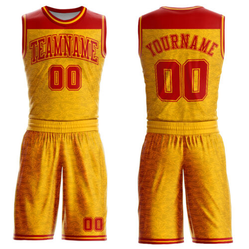 BSuit0236 Custom Gold Red Color Block Round Neck Sublimation Basketball Suit Jersey