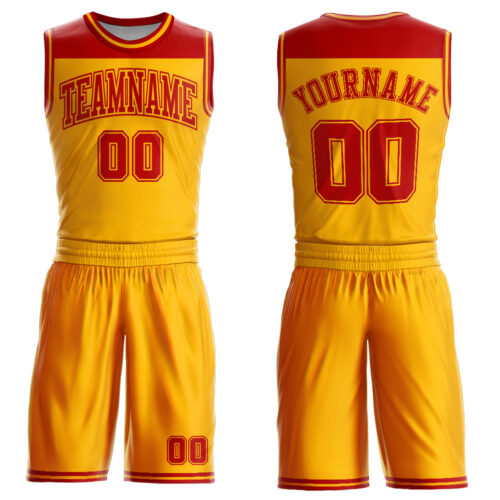 BSuit0237 Custom Gold Red Color Block Round Neck Sublimation Basketball Suit Jersey