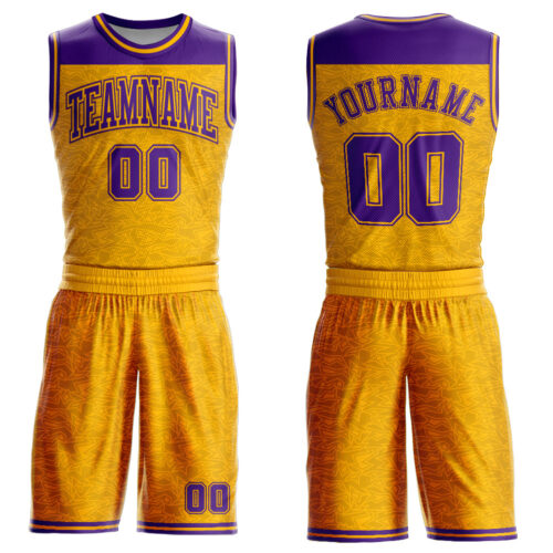 BSuit0238 Custom Gold Purple Color Block Round Neck Sublimation Basketball Suit Jersey