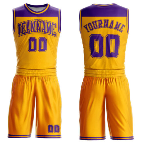 BSuit0239 Custom Gold Purple Color Block Round Neck Sublimation Basketball Suit Jersey