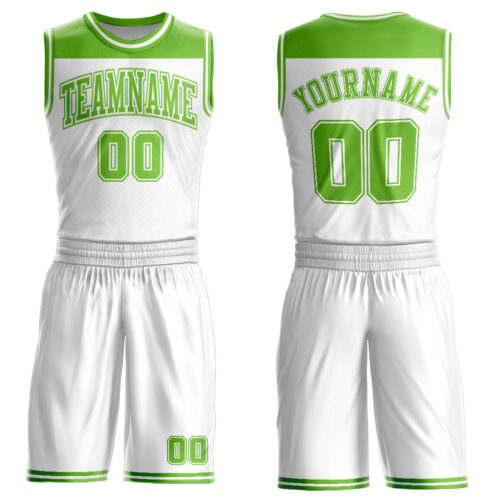 BSuit0245 Custom White Neon Green Color Block Round Neck Sublimation Basketball Suit Jersey