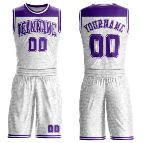 BSuit0246 Custom White Purple Color Block Round Neck Sublimation Basketball Suit Jersey