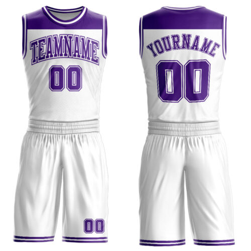 BSuit0247 Custom White Purple Color Block Round Neck Sublimation Basketball Suit Jersey