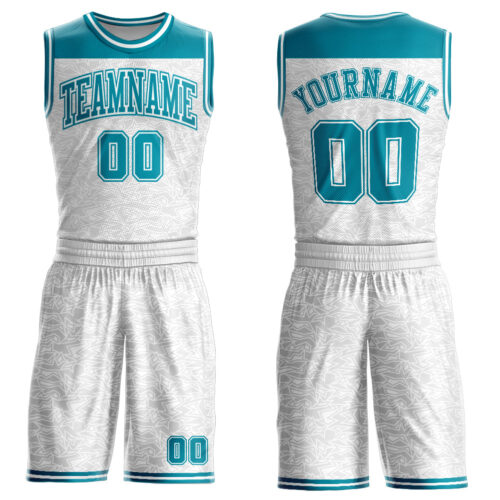BSuit0248 Custom White Teal Color Block Round Neck Sublimation Basketball Suit Jersey