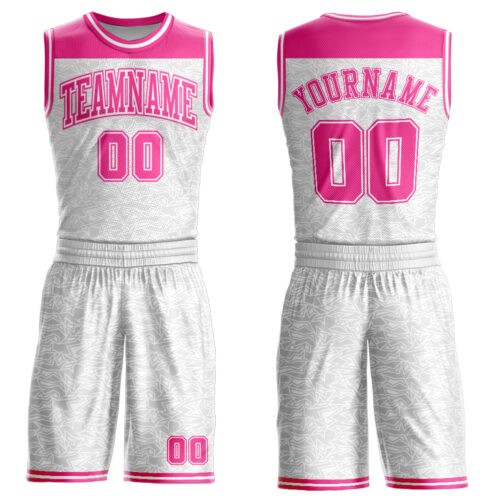 BSuit0250 Custom White Pink Color Block Round Neck Sublimation Basketball Suit Jersey