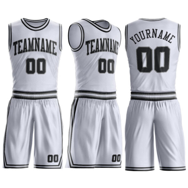 Custom White Black-Gray Round Neck Suit Basketball Jersey