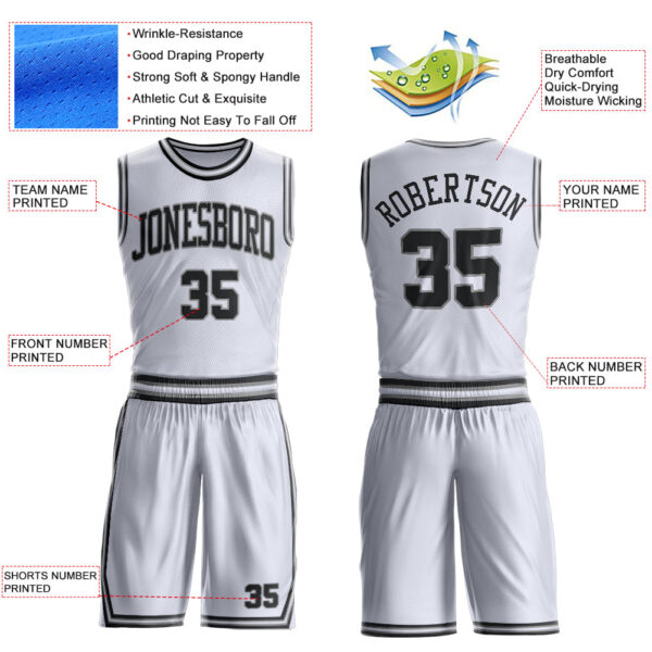 Custom White Black-Gray Round Neck Suit Basketball Jersey