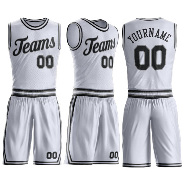 Custom White Black-Gray Round Neck Suit Basketball Jersey