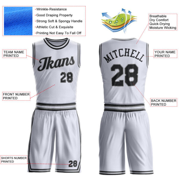 Custom White Black-Gray Round Neck Suit Basketball Jersey